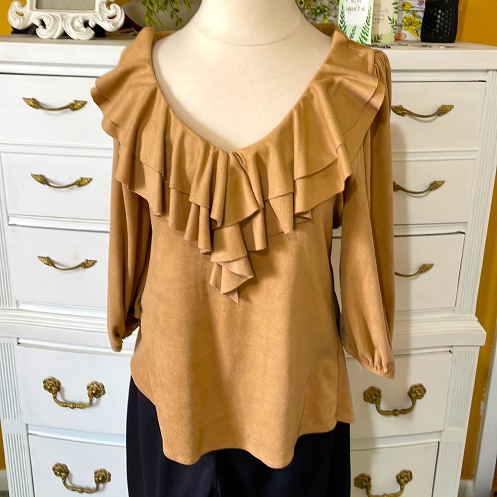 Tan faux suede ruffle top - Picture 1 of 7